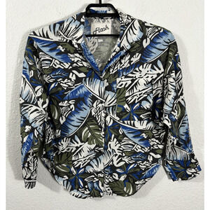 Vintage 80s Flash Top Size XL Floral Multicolor Cotton Button Long Sleeve *Fade